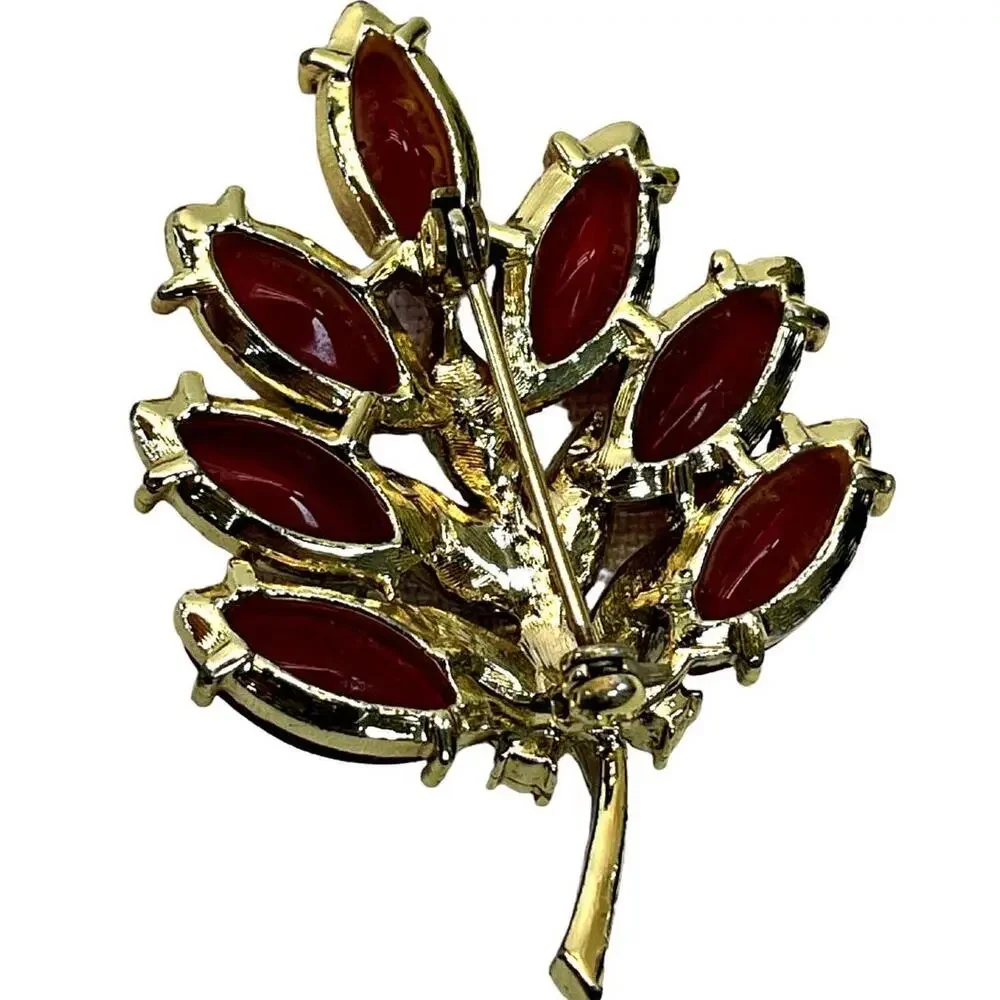 Navette Opaque Red Glass Stemmed Flower Leaf Brooch Pin